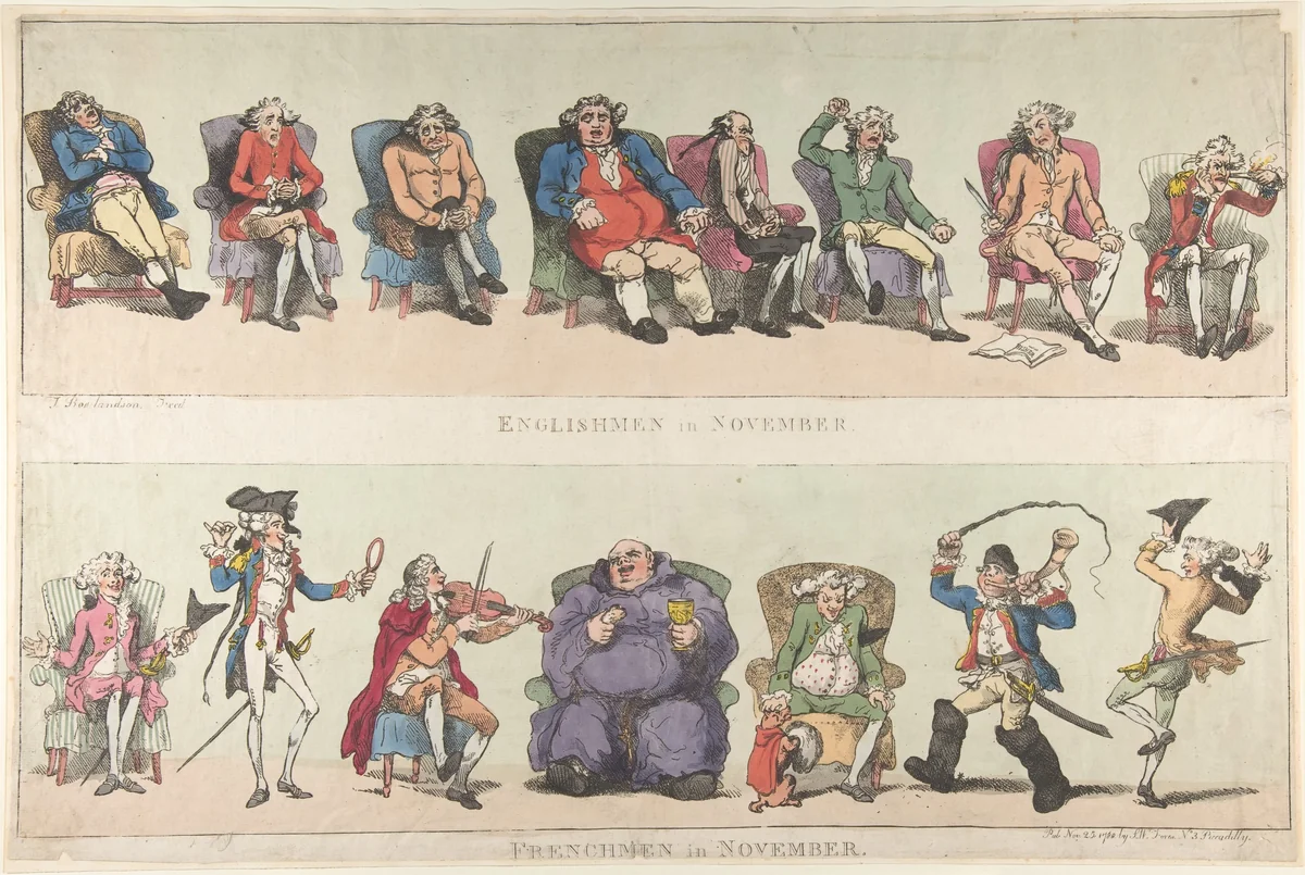 Englishmen in November, Frenchmen in November by Thomas Rowlandson, print, 1788