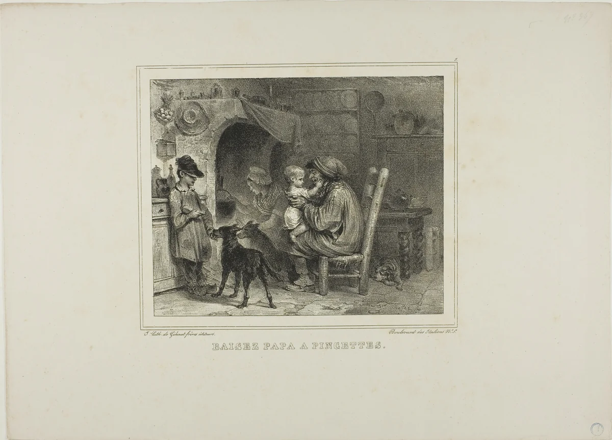 Kiss papa with pinches by Denis Auguste Marie Raffet, print, 1833
