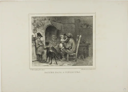 Kiss papa with pinches by Denis Auguste Marie Raffet, print, 1833