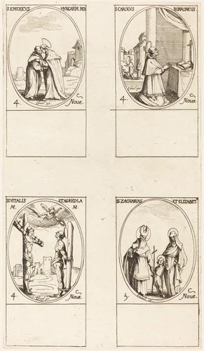 St. Emeric; St. Charles Borromeo; St. Vitalis & Agricola; Sts. Zachary & Elizabeth by Jacques Callot, print, 1627-1637