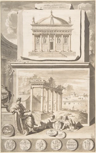 A Reconstruction of the Aedes Concordiae (above) and a View of the Ruins (below) by Jan Goeree, drawing, 1690-1704