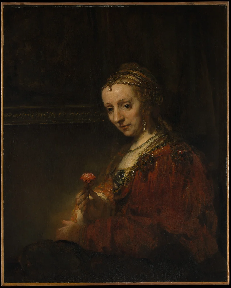 Woman with a Pink by Rembrandt van Rijn, painting, 1660-1663