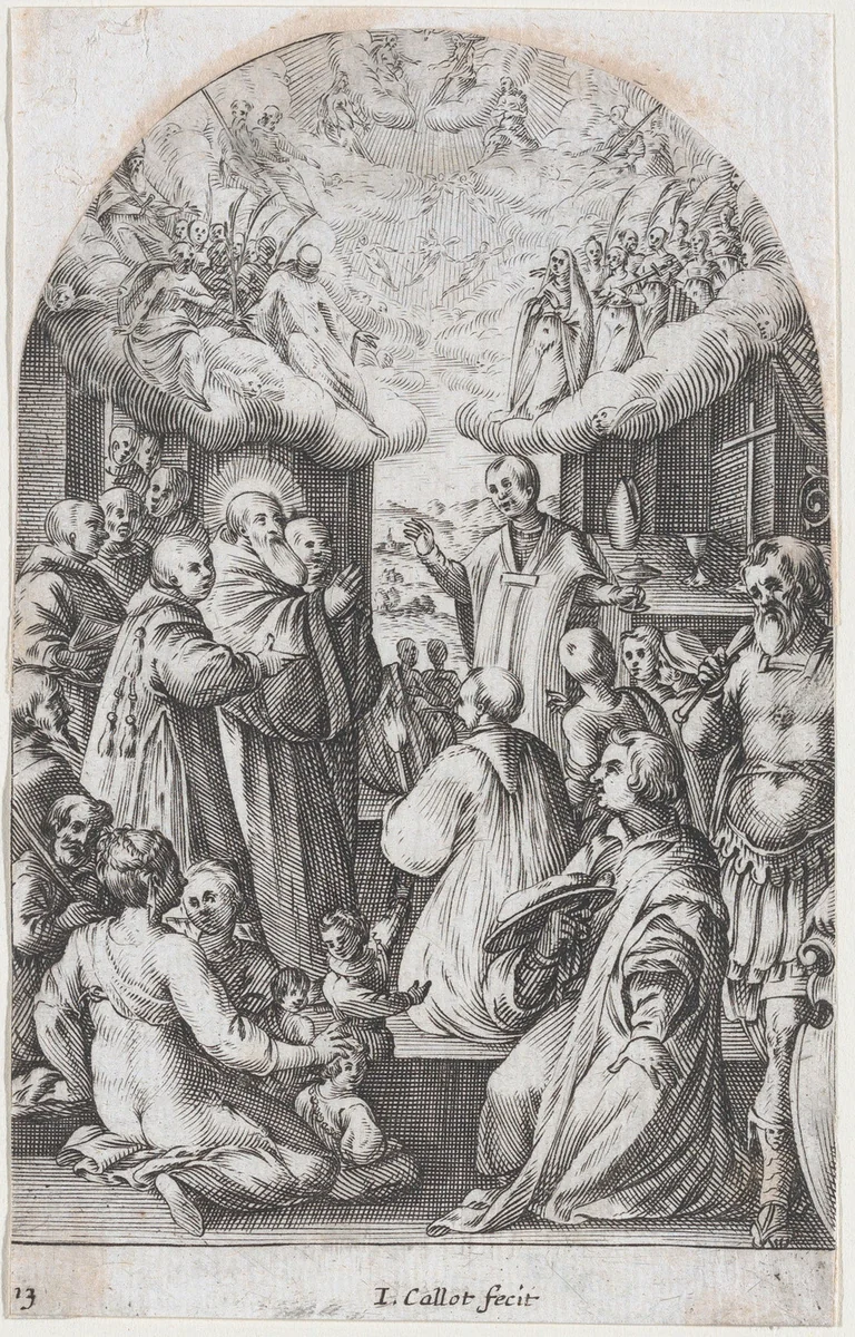 The Death of St. Benedict, plate 13 from "Les Eglises Jubilaires" (The Paintings of Rome, The Churches Jubilee) by Jacques Callot, print, 1607-1611