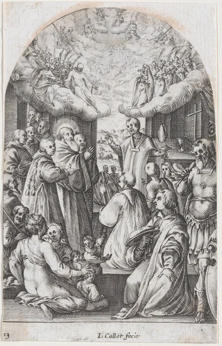 The Death of St. Benedict, plate 13 from "Les Eglises Jubilaires" (The Paintings of Rome, The Churches Jubilee) by Jacques Callot, print, 1607-1611