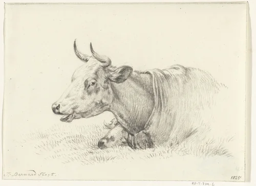 Liggende koe, naar links by Jean Bernard, drawing, 1825