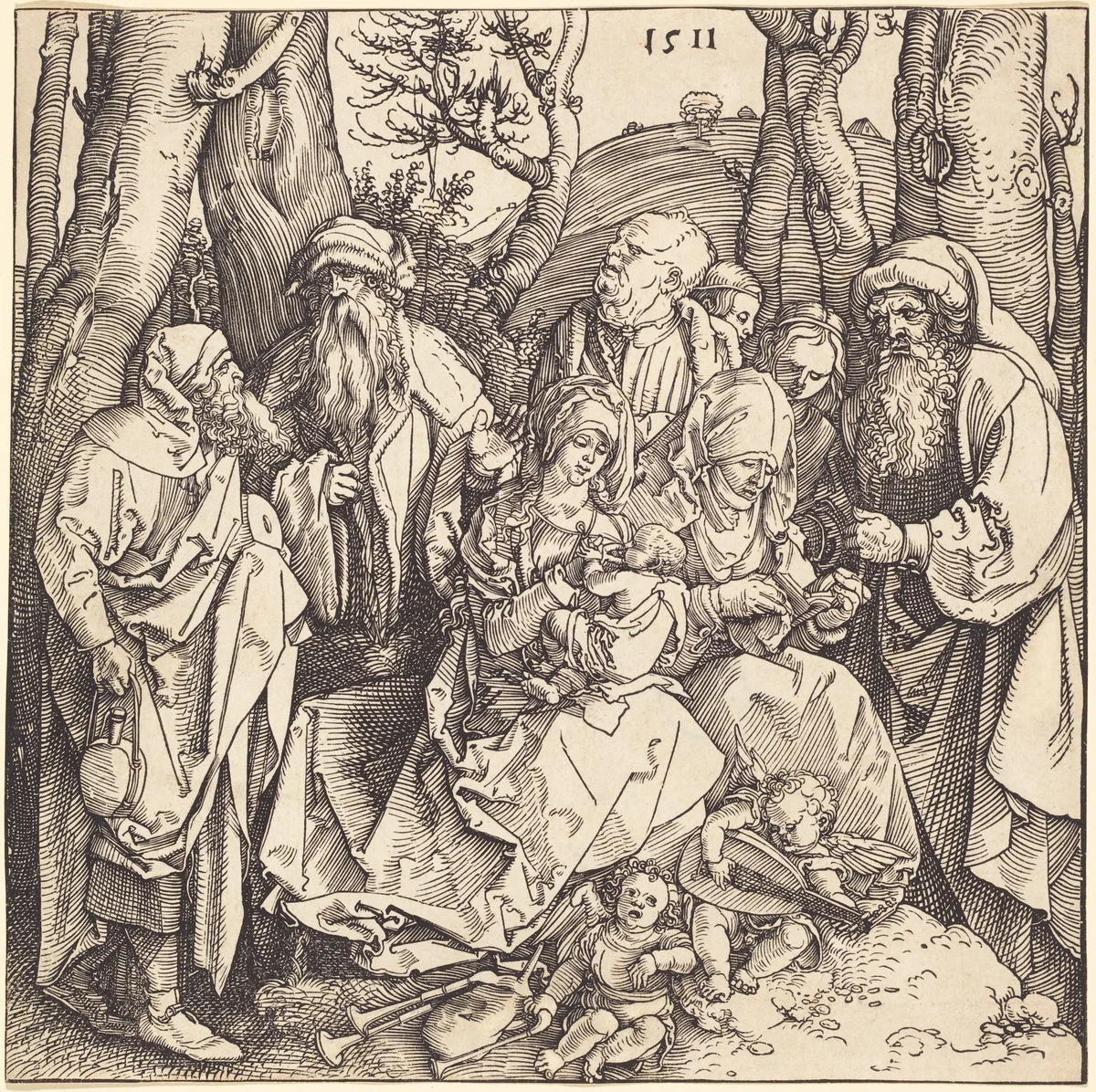 The Holy Family with Two Music-Making Angels by Albrecht Dürer, print, 1511