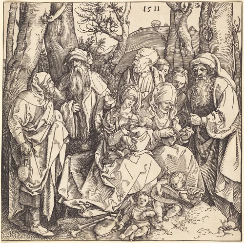 The Holy Family with Two Music-Making Angels by Albrecht Dürer, print, 1511
