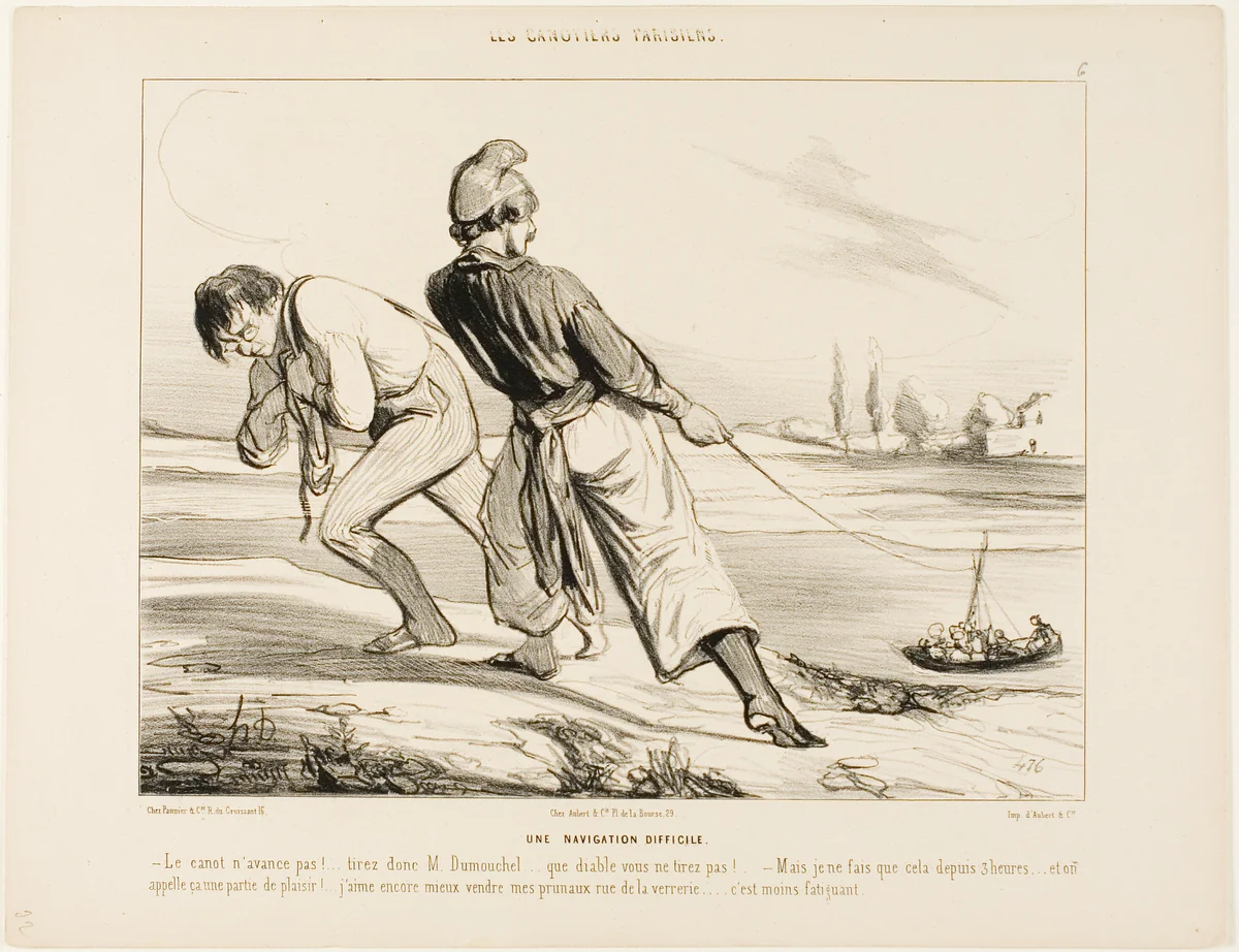 A Difficult Navigation. “- The boat doesn't move! Pull Dumouchel, pull.... why the devil don't you pull! - But I am doing nothing else than that for the last three hours!.... and this is called a pleasure trip! I'd rather sell my prunes in rue de la Verrerie.... that's less tiring!,” plate 6 from Les Canotiers Parisiens by Honoré-Victorin Daumier, print, 1843