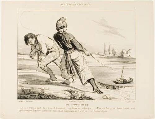 A Difficult Navigation. “- The boat doesn't move! Pull Dumouchel, pull.... why the devil don't you pull! - But I am doing nothing else than that for the last three hours!.... and this is called a pleasure trip! I'd rather sell my prunes in rue de la Verrerie.... that's less tiring!,” plate 6 from Les Canotiers Parisiens by Honoré-Victorin Daumier, print, 1843