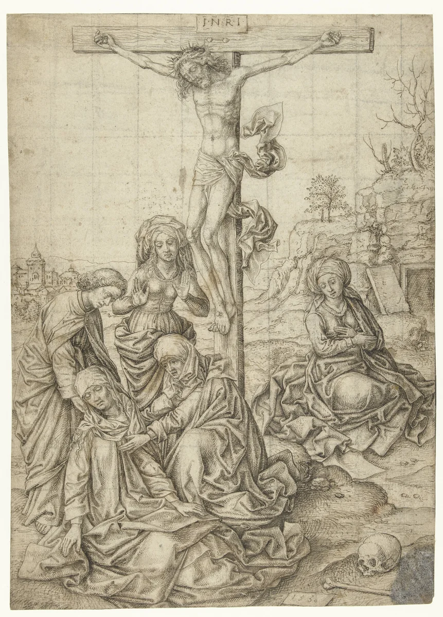 Christus aan het kruis met Johannes, de drie Maria's en Maria Magdalena onder het kruis by Pieter Huys, drawing, 1550