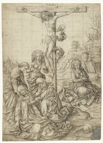 Christus aan het kruis met Johannes, de drie Maria's en Maria Magdalena onder het kruis by Pieter Huys, drawing, 1550