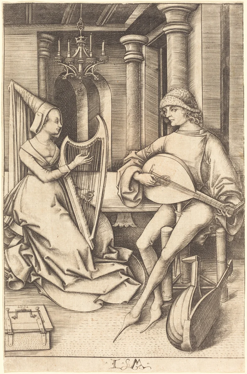 The Lute Player and the Harpist by Israhel van Meckenem, print, 1495-1503