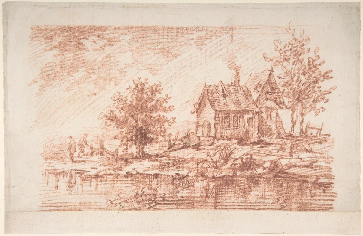 Farm House along a River, two figures at left by Antoine Watteau, drawing, 1695-1721