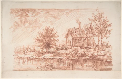 Farm House along a River, two figures at left by Antoine Watteau, drawing, 1695-1721
