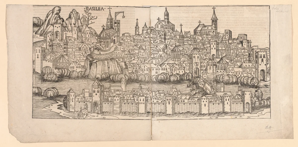 Nuremberg Chronicle: Topographical View of Basle, Switzerland by Michael Wolgemut, print, 1493