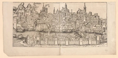 Nuremberg Chronicle: Topographical View of Basle, Switzerland by Michael Wolgemut, print, 1493