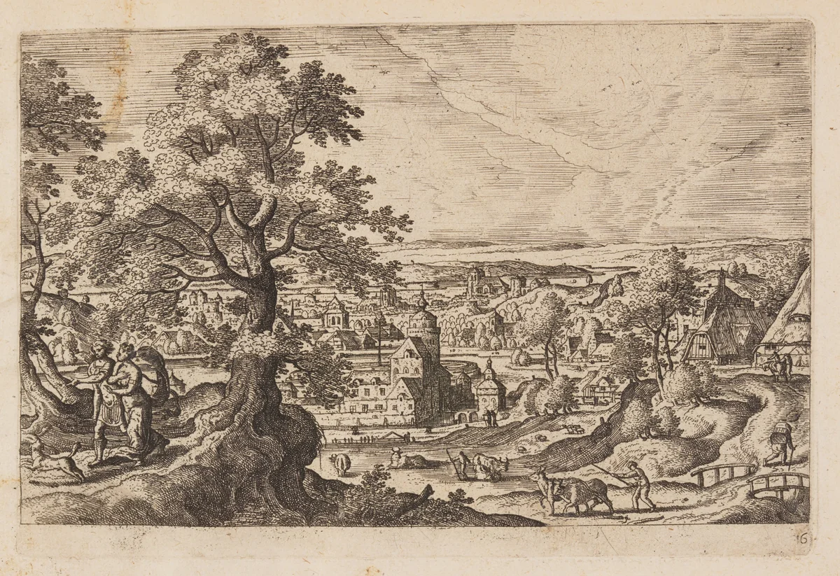 Plate 16, from Landscapes with Scenes from the Old and New Testament and Ovid’s Metamorphoses by Hans Bol, print, 1574