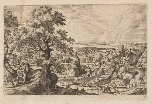 Plate 16, from Landscapes with Scenes from the Old and New Testament and Ovid’s Metamorphoses by Hans Bol, print, 1574