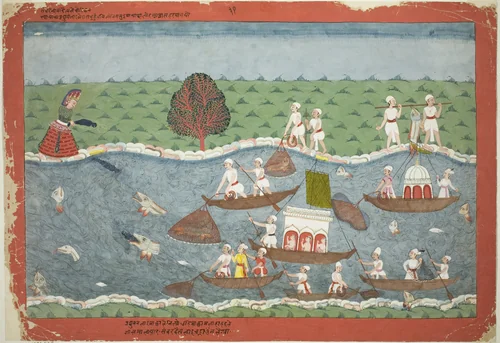 The Demon Sambar Throws the Infant Pradyumna into the River, page from a Dispersed Bhagavata Purana manuscript by Nepal, painting, 1770-1780