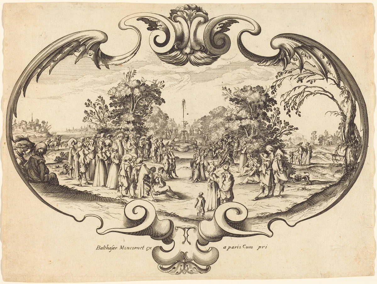 Design for a Fan: Courtly Figures in a Landscape by Noël Cochin, print, 1650