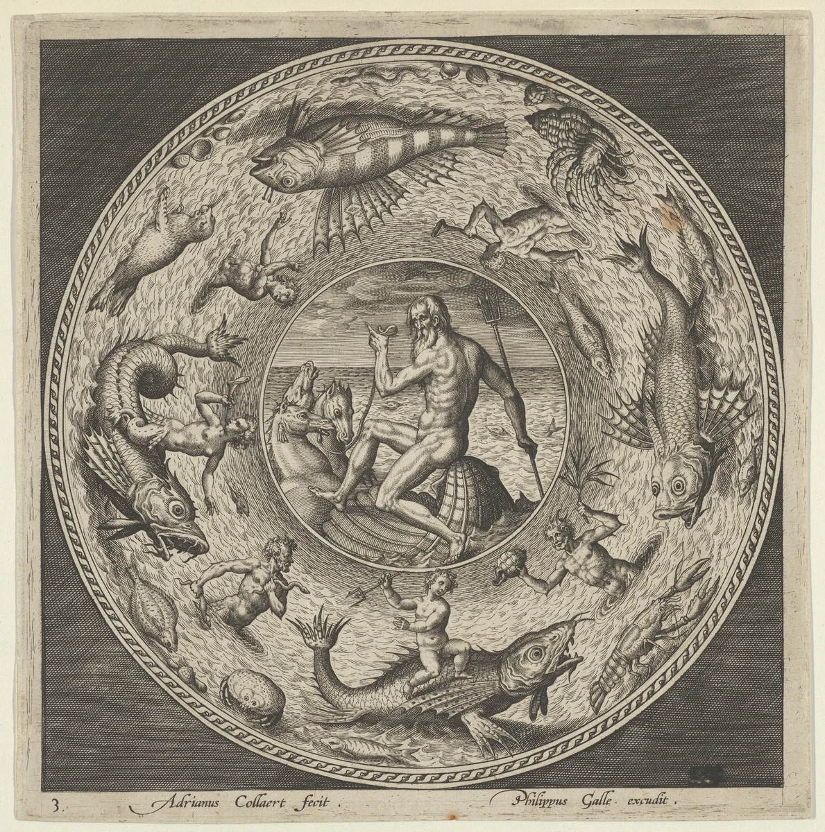 Design for a Plate with Neptune in a Shell Drawn by Horses in a Medallion Bordered by Sea Monsters by Adriaen Collaert, print, 1595-1605
