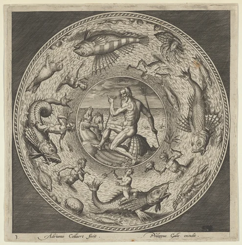 Design for a Plate with Neptune in a Shell Drawn by Horses in a Medallion Bordered by Sea Monsters by Adriaen Collaert, print, 1595-1605