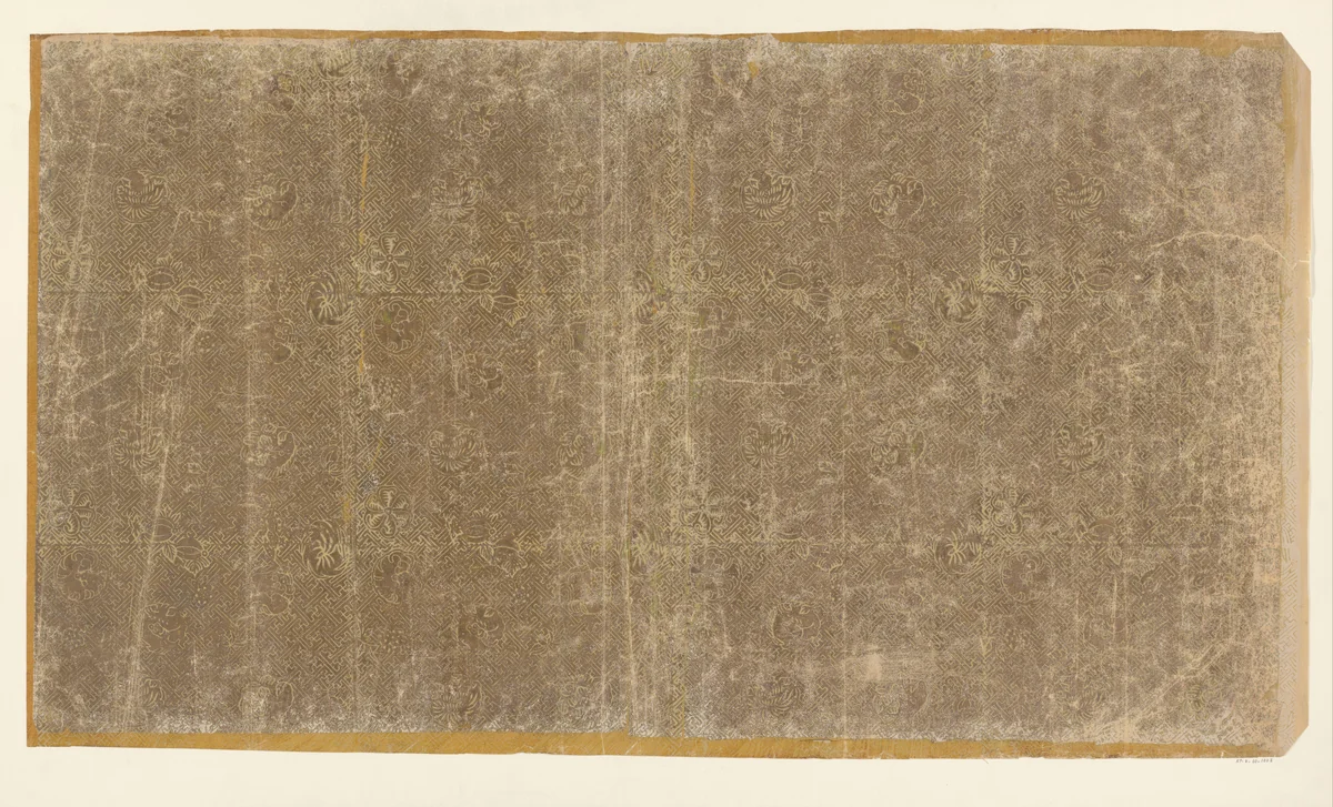 Blad met bloemenmotieven over geometrisch meanderpatroon (één van drie identieke bladen) by anonymous, other, 1850-1950