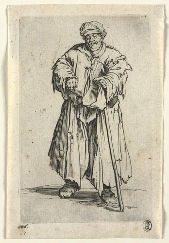 The Beggars: Obese Beggar with Lowered Eyes by Jacques Callot, print, 1619-1627