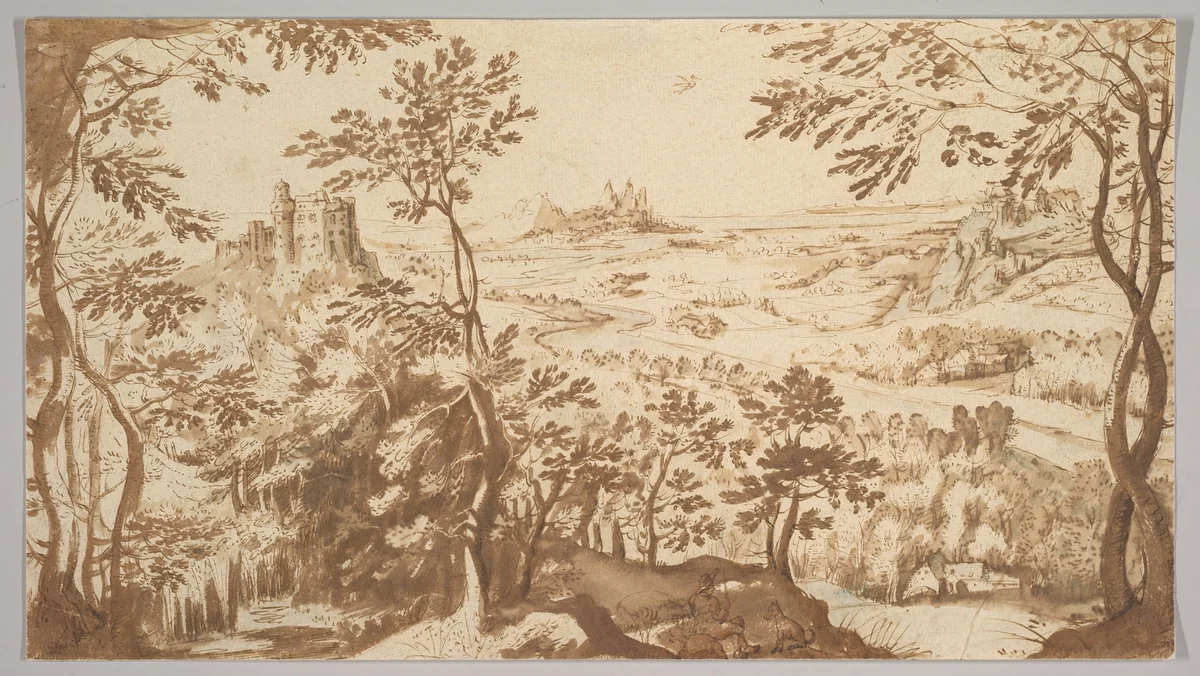 Panoramic Landscape with a Mill, a Castle and Mountains by Master of the Kurpfälzisches Skizzenbuch, drawing, 1600
