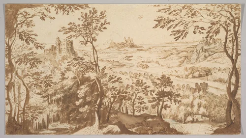 Panoramic Landscape with a Mill, a Castle and Mountains by Master of the Kurpfälzisches Skizzenbuch, drawing, 1600