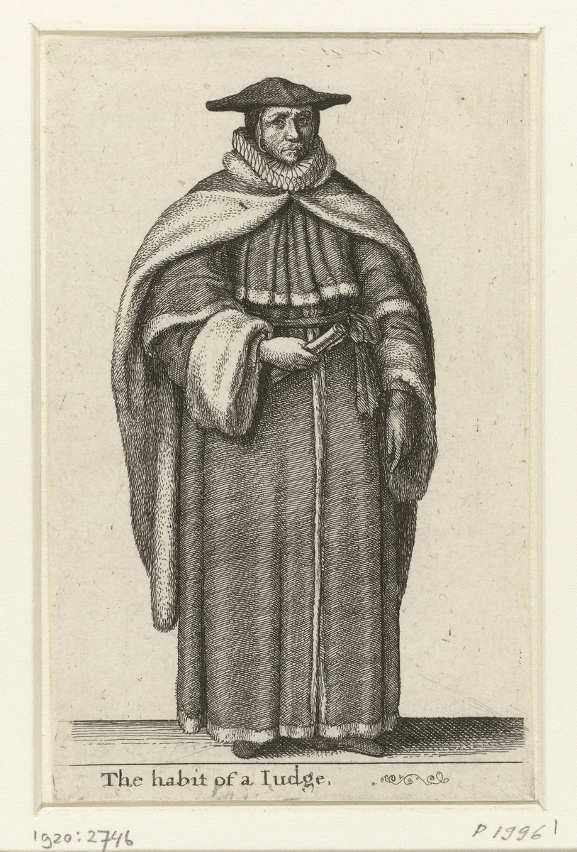 Ceremoniële kledij van een rechter by Wenceslaus Hollar, print, 1617-1677