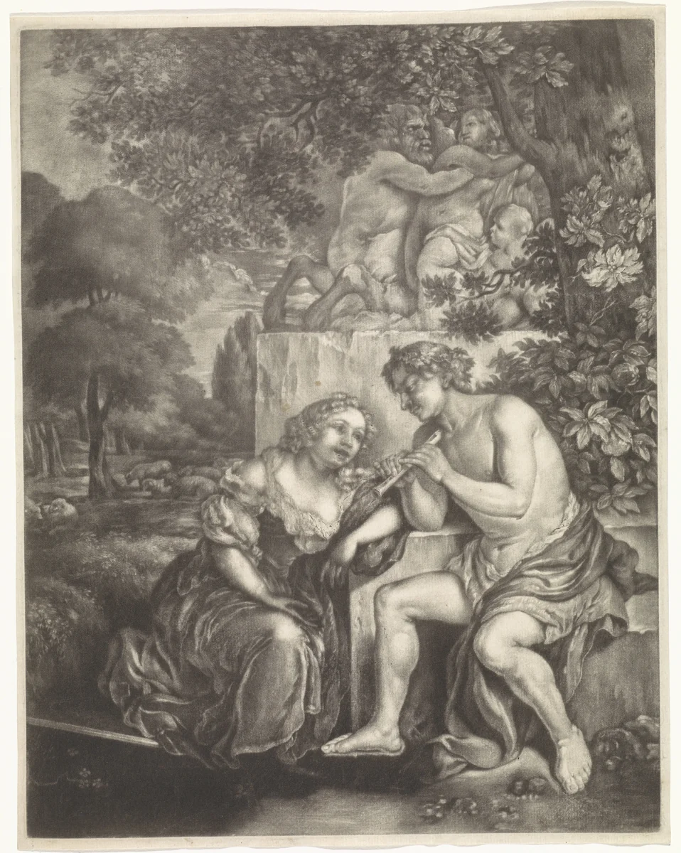 Herderin en fluitspelende herder by Johannes de Groot, print, 1698-1776