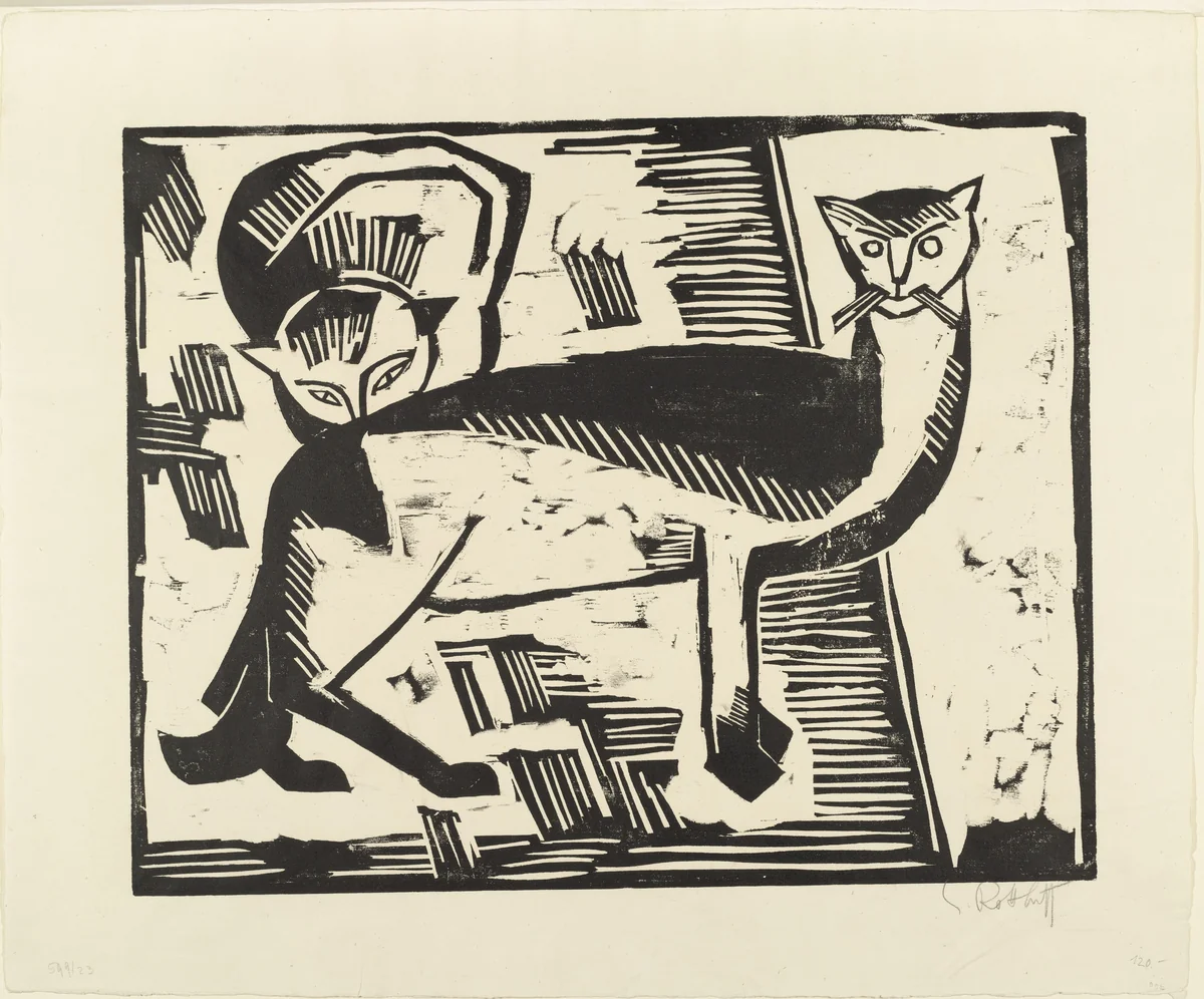 Cats (Katzen) from the portfolio Ten Woodcuts by Schmidt-Rottluff (Zehn Holzschnitte von Schmidt-Rottluff) by Karl Schmidt-Rottluff, print, 1915