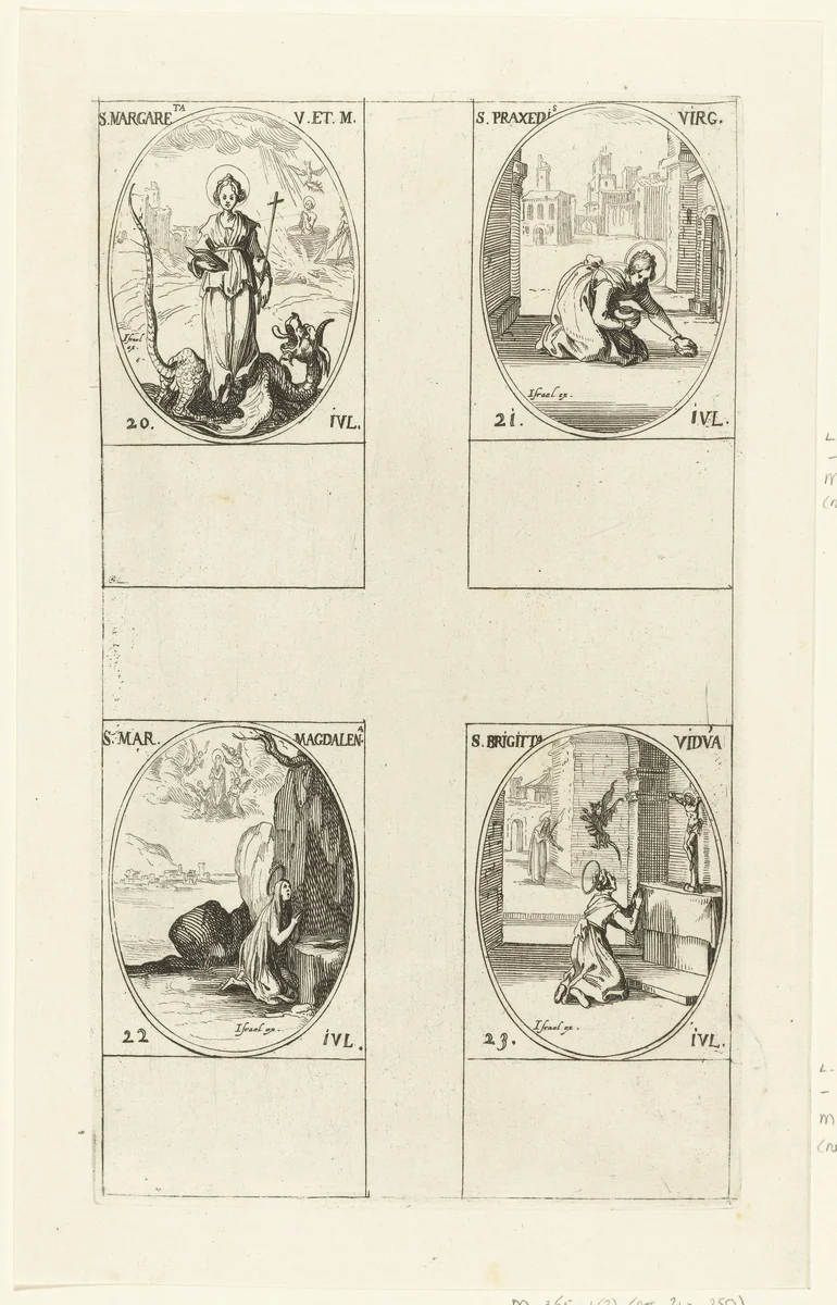 Heilige Margaretha van Antiochië, Heilige Praxedes van Rome, Heilige Maria Magdalena, Heilige Birgitta van Zweden (20-23 juli) by Jacques Callot, print, 1632-1636
