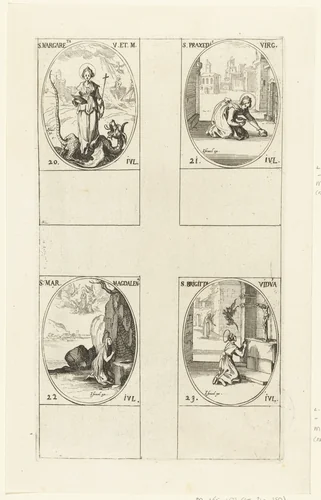 Heilige Margaretha van Antiochië, Heilige Praxedes van Rome, Heilige Maria Magdalena, Heilige Birgitta van Zweden (20-23 juli) by Jacques Callot, print, 1632-1636