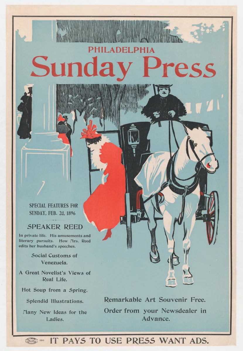 Advertisement for Philadelphia Sunday Press, February 2, 1896 by George Reiter Brill, print, 1891-1901