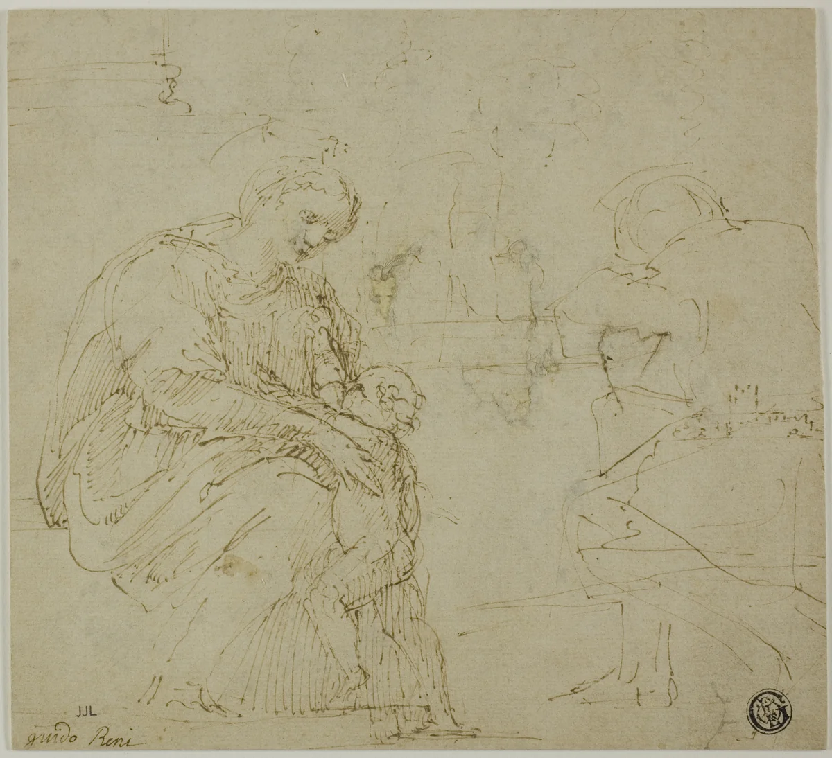 Sketches of Virgin and Child, Seated Figure, and Landscape by Vincenzo Tamagni, drawing, 1528-1532