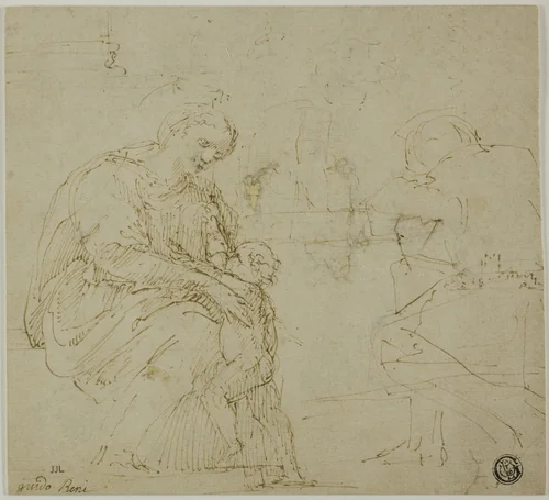 Sketches of Virgin and Child, Seated Figure, and Landscape by Vincenzo Tamagni, drawing, 1528-1532