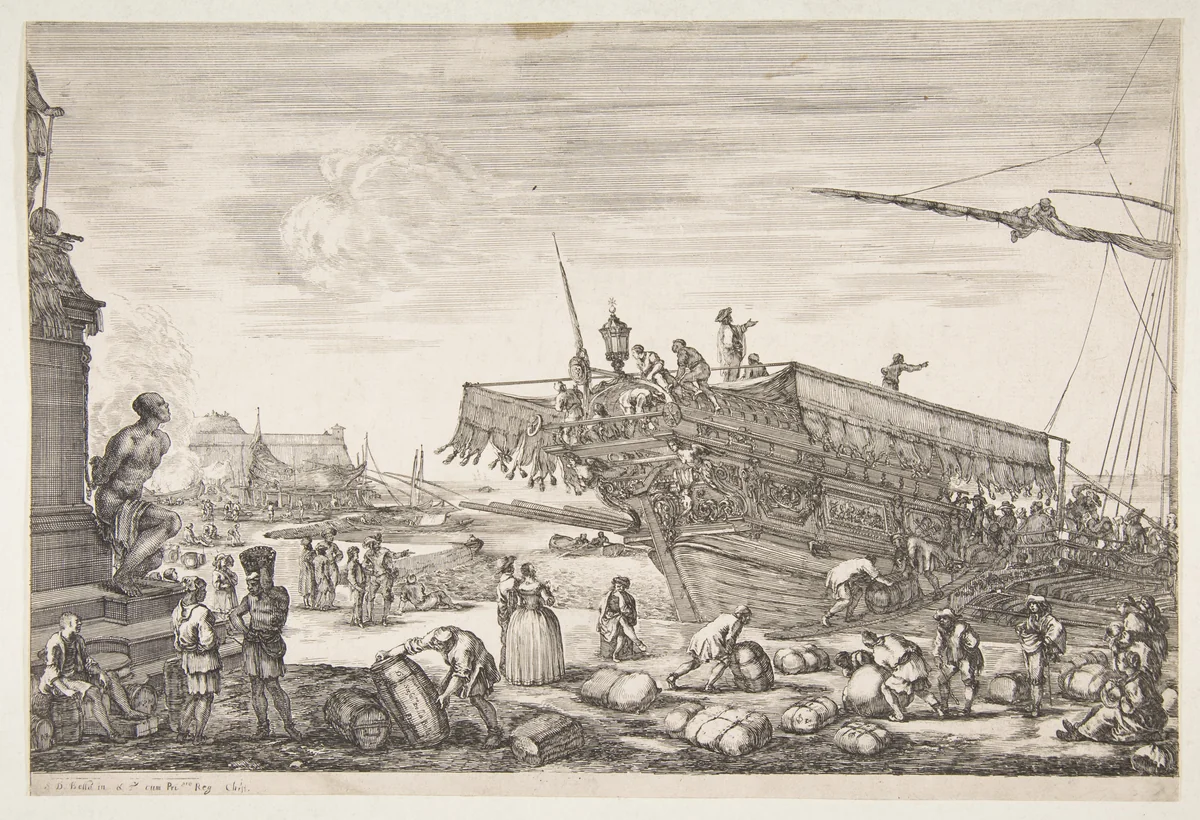 Loading a galley, from "Views of the port of Livorno" (Vues du port de Livourne) by Stefano della Bella, print, 1654-1655