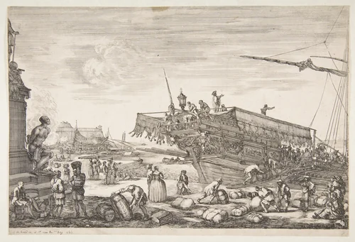 Loading a galley, from "Views of the port of Livorno" (Vues du port de Livourne) by Stefano della Bella, print, 1654-1655