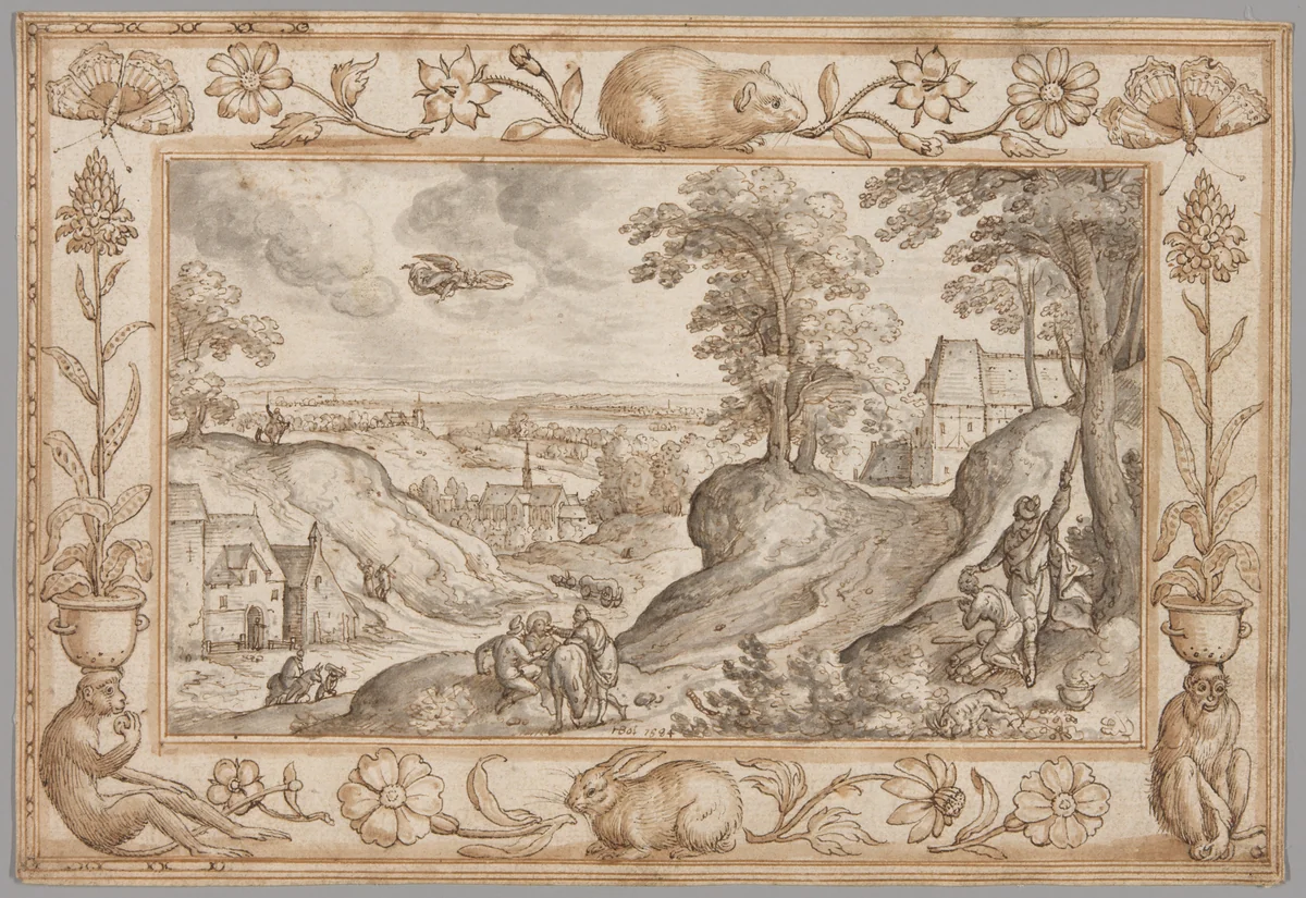 Landscape with the Sacrifice of Isaac within a Decorative Border of Plants and Animals by Hans Bol, drawing, 1584
