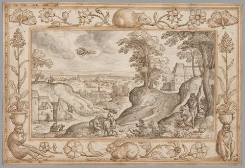 Landscape with the Sacrifice of Isaac within a Decorative Border of Plants and Animals by Hans Bol, drawing, 1584