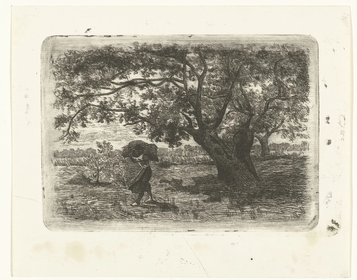 Landschap met bomen en vrouw met takkenbos by Johanna Henriëtte Besier, print, 1875-1887