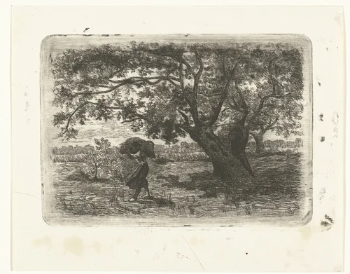 Landschap met bomen en vrouw met takkenbos by Johanna Henriëtte Besier, print, 1875-1887