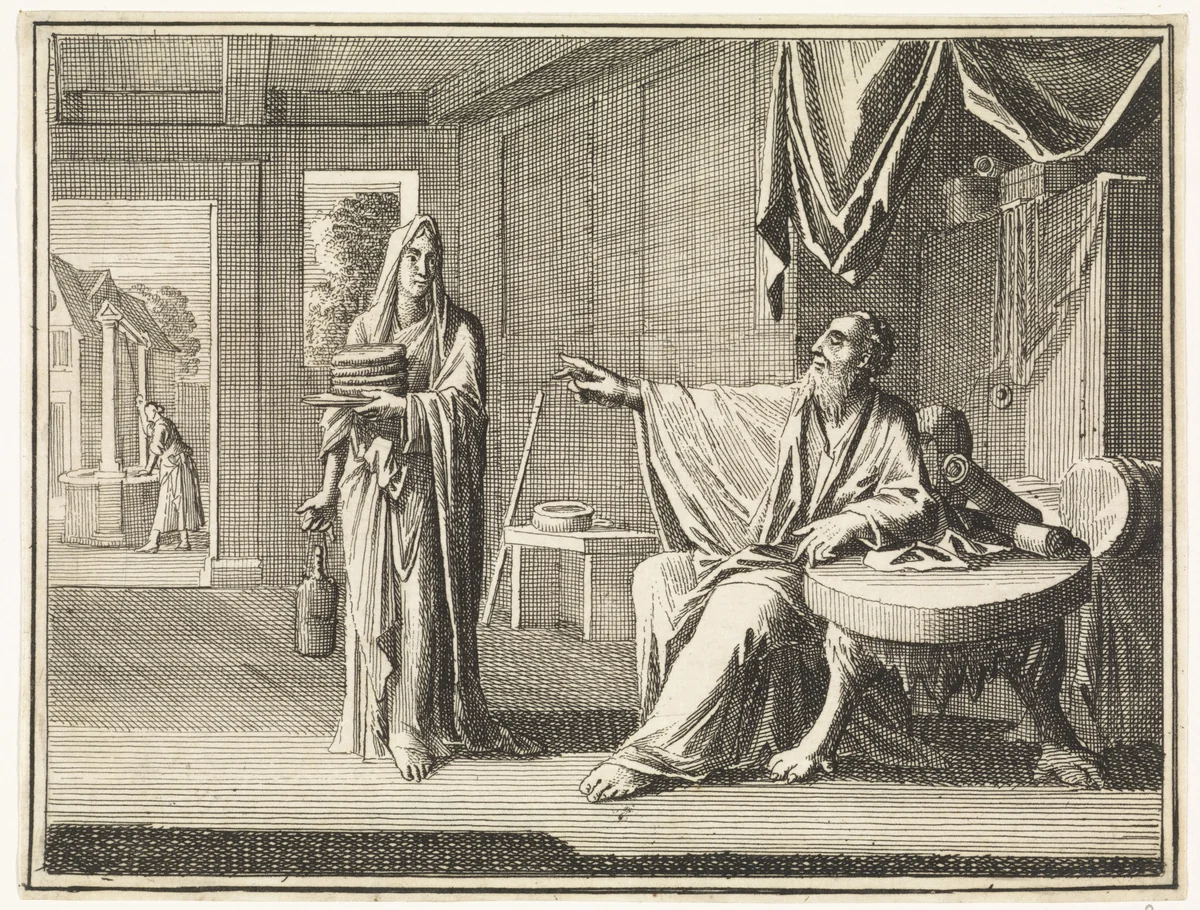 Blinde profeet Achia spreekt tot de vermomde vrouw van Jerobeam by Caspar Luyken, print, 1712