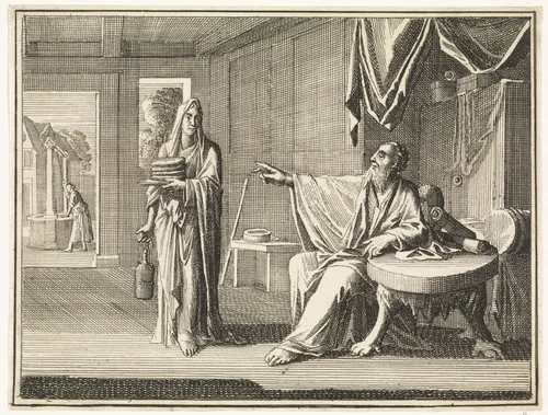 Blinde profeet Achia spreekt tot de vermomde vrouw van Jerobeam by Caspar Luyken, print, 1712
