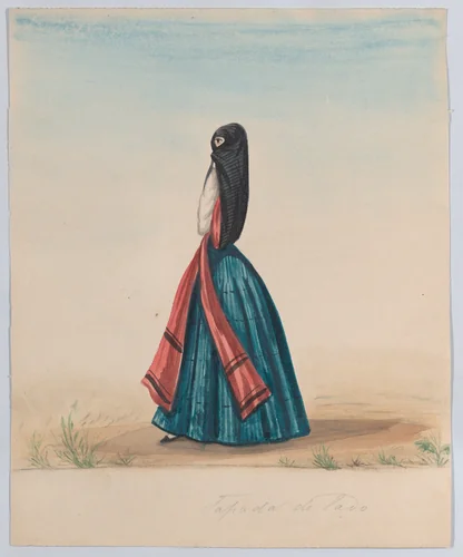 A woman wearing the saya and manto standing in profile, from a group of drawings depicting Peruvian dress by Francisco Fierro, drawing, 1843-1853
