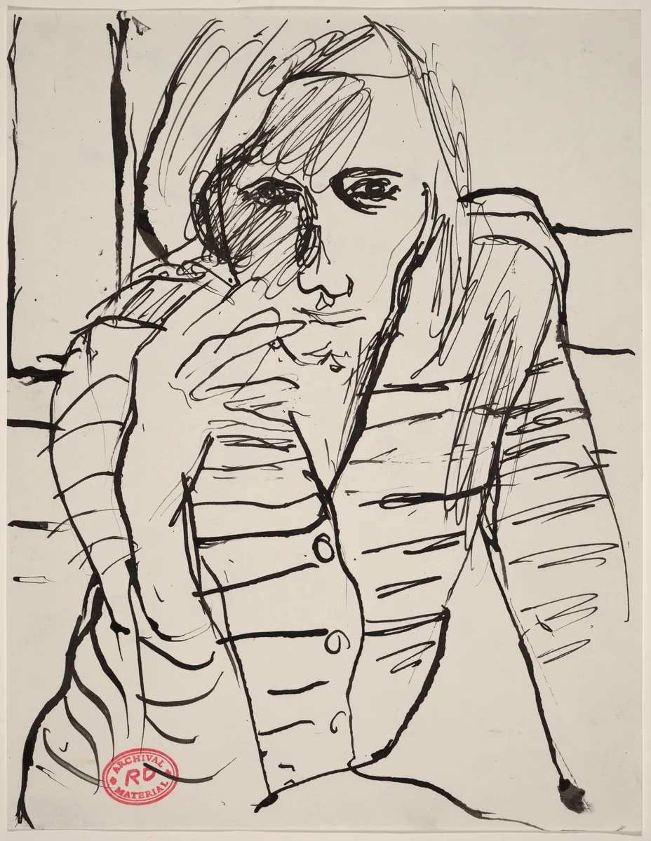 Untitled [woman in a striped shirt with cigarette] by Richard Diebenkorn, drawing, 1955-1967