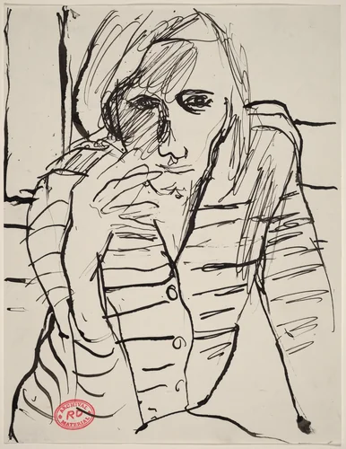 Untitled [woman in a striped shirt with cigarette] by Richard Diebenkorn, drawing, 1955-1967