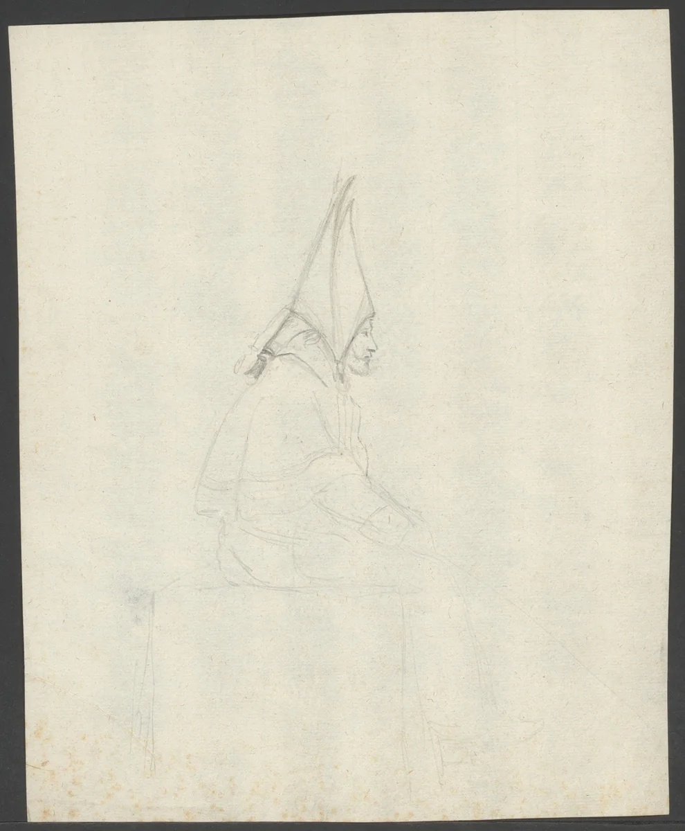 Zittende broeder van een Spaans broederschap by anonymous, drawing, 1800-1899